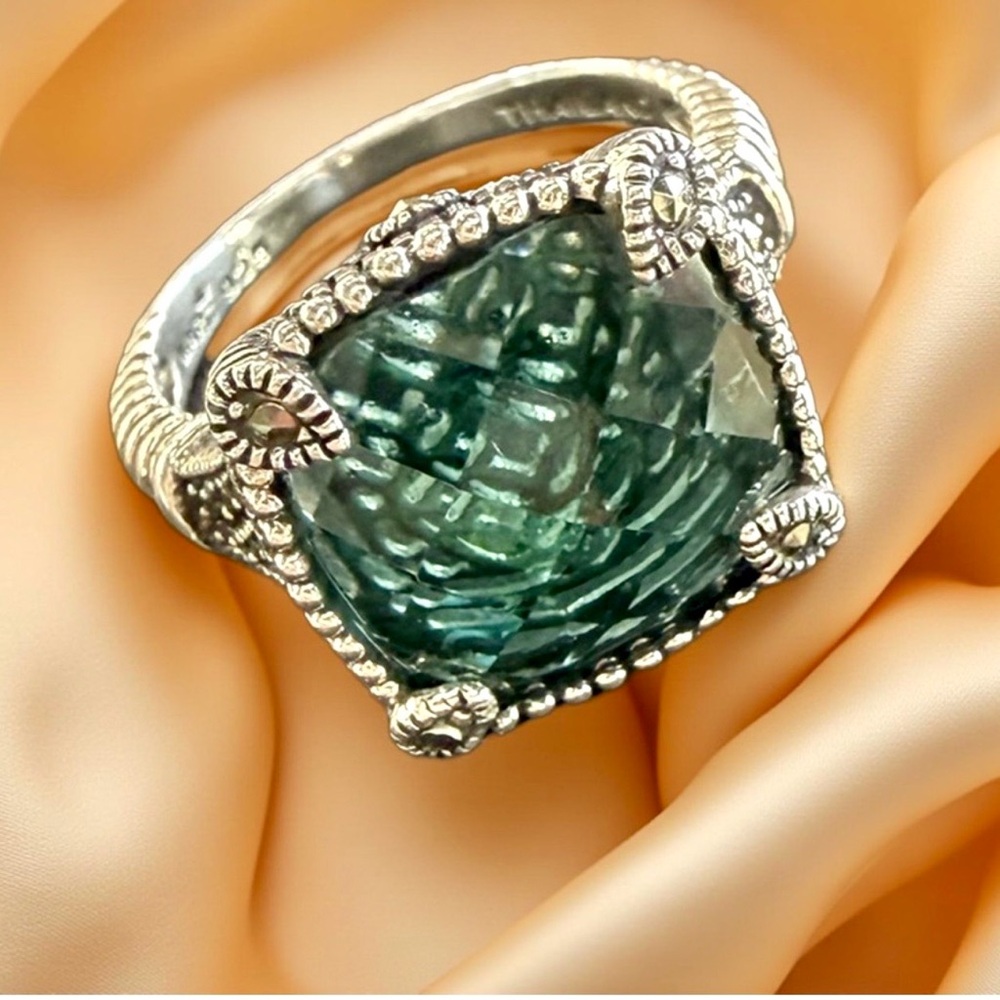 MARC Sterling Silver Green Quartz Ring 925 Sz 8 Marcasite Vintage Estate